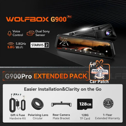 WOLFBOX G900Pro 12MP WiFi Touch Screen Rear View Mirror Dash Cam Smart Mirror