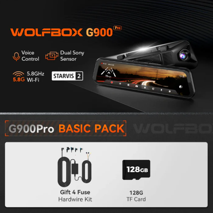 WOLFBOX G900Pro 12MP WiFi Touch Screen Rear View Mirror Dash Cam Smart Mirror